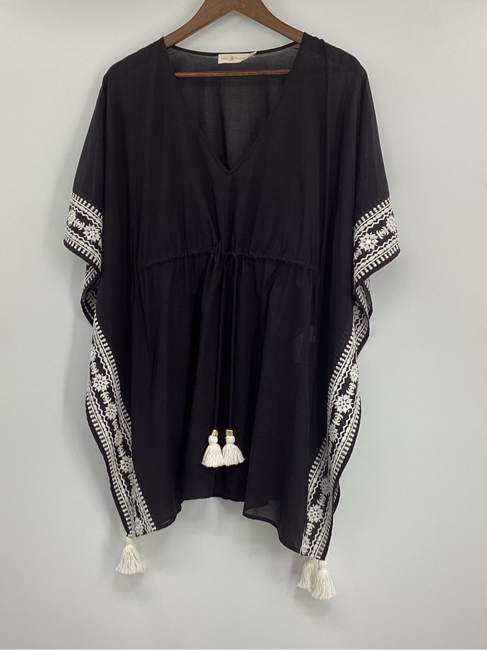 Tory Burch Ravena Embroidered Kaftan Swimsuit Cover-Up with White Tassels